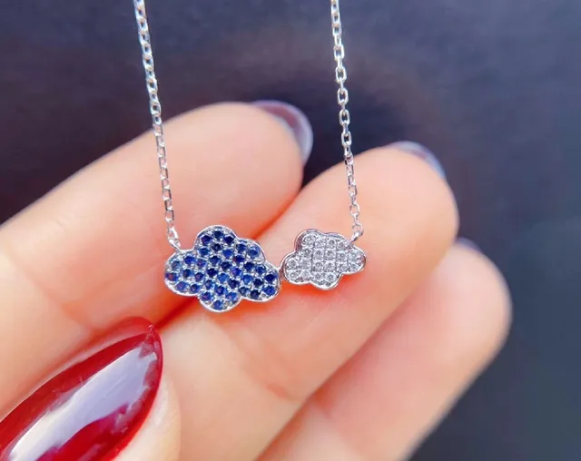Blue Silver Cloud-Shaped Double Pendant Pavé-Set Gemstones Necklace 3