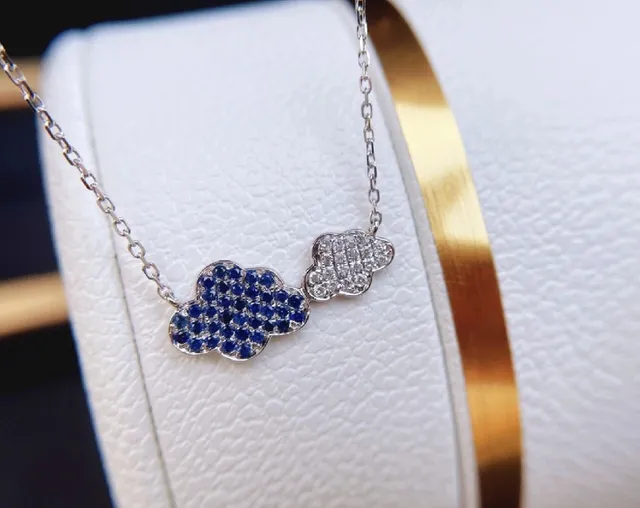 Blue Silver Cloud-Shaped Double Pendant Pavé-Set Gemstones Necklace 4