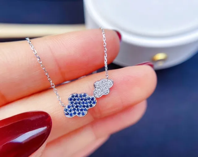 Blue Silver Cloud-Shaped Double Pendant Pavé-Set Gemstones Necklace 5