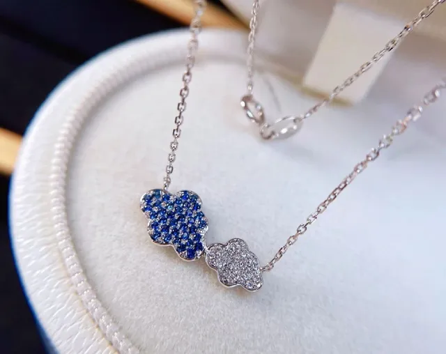 Blue Silver Cloud-Shaped Double Pendant Pavé-Set Gemstones Necklace 6