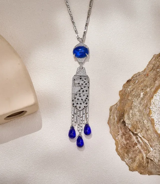 Blue Silver Pavé-Set Cabochon Stone Necklace 6
