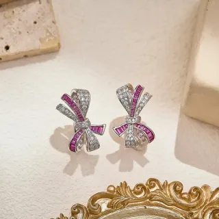 Bow-Shaped Pink and Clear Gemstone Earrings