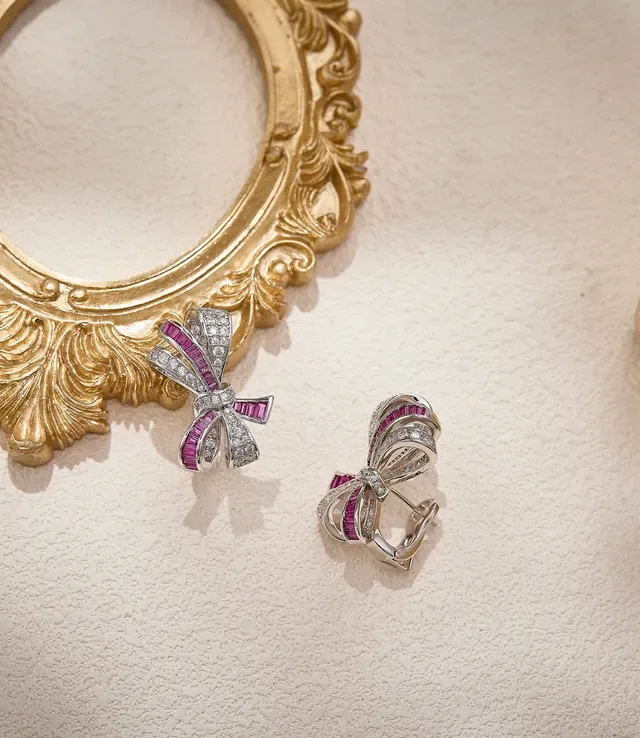 Bow-Shaped Pink and Clear Gemstone Earrings 5