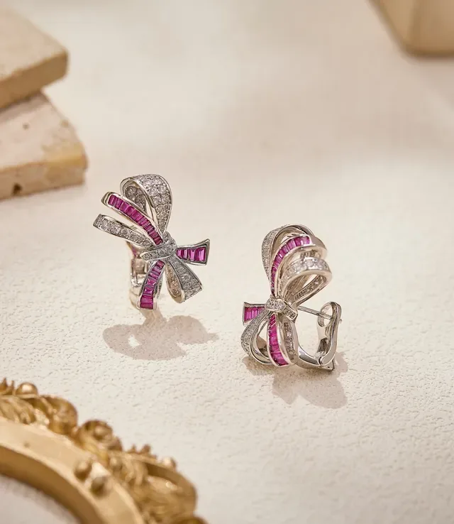 Bow-Shaped Pink and Clear Gemstone Earrings 6