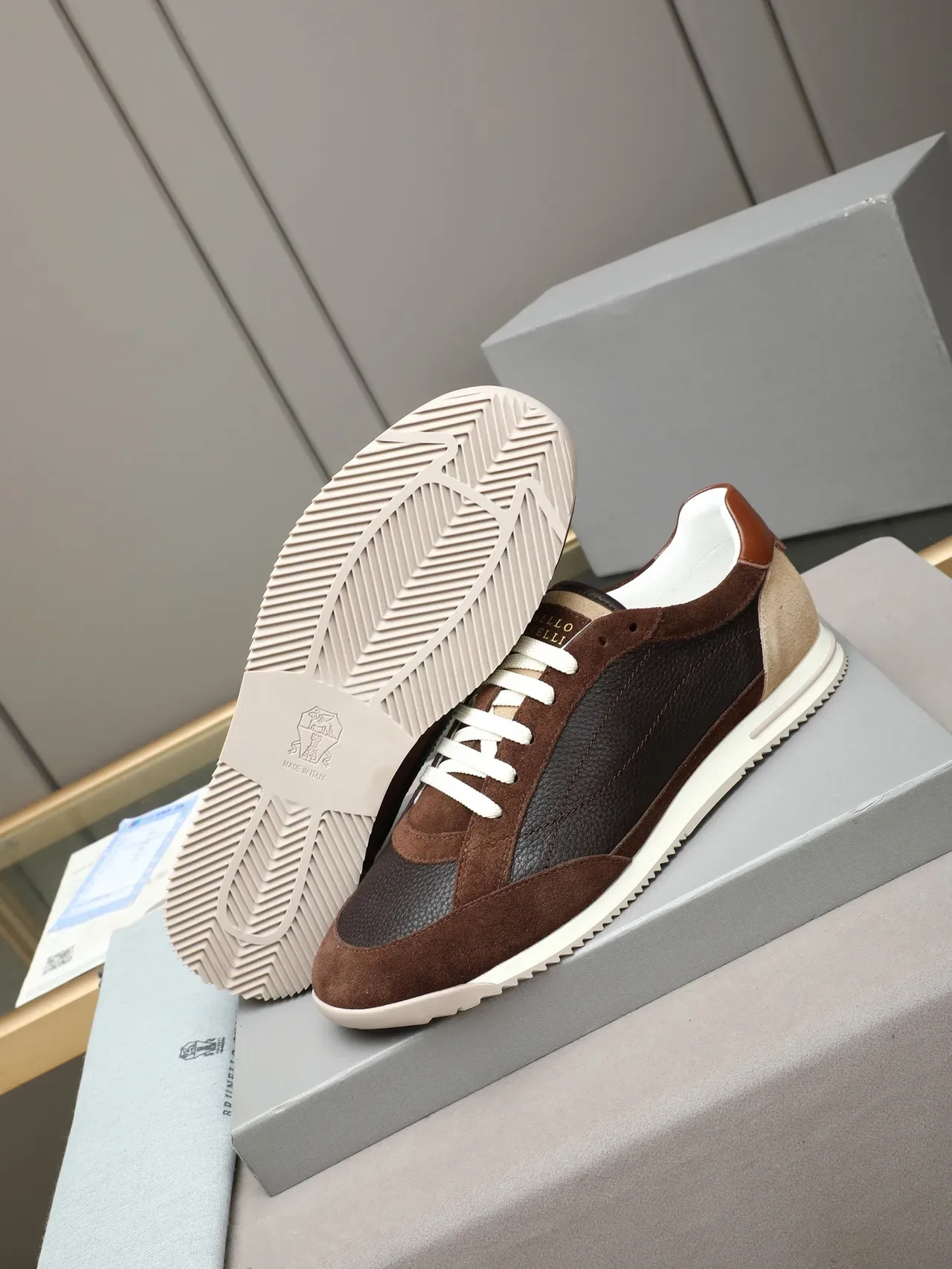 Brown and Black Mixed-Material Retro Runner Sneakers 5