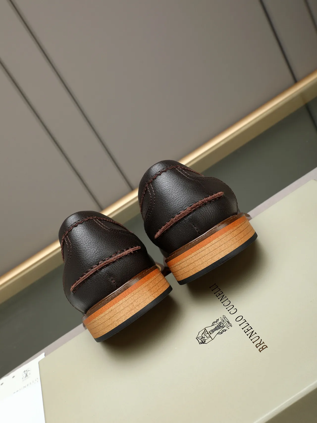 Brown Beige Leather Penny Moc-Toe Stitching Loafer 4