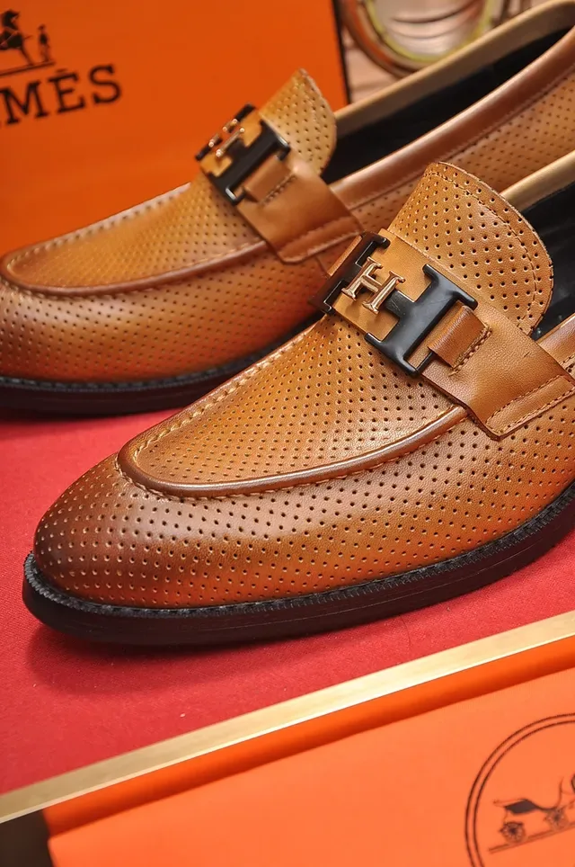 Brown Black Perforated Leather Metal H-Buckle Strap Loafer 2