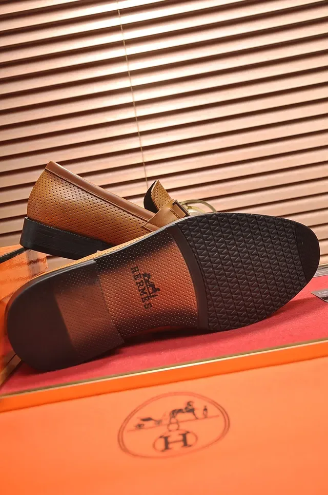 Brown Black Perforated Leather Metal H-Buckle Strap Loafer 3