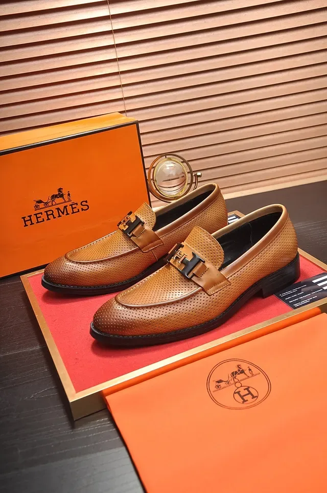 Brown Black Perforated Leather Metal H-Buckle Strap Loafer 4