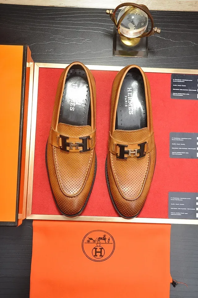 Brown Black Perforated Leather Metal H-Buckle Strap Loafer 5