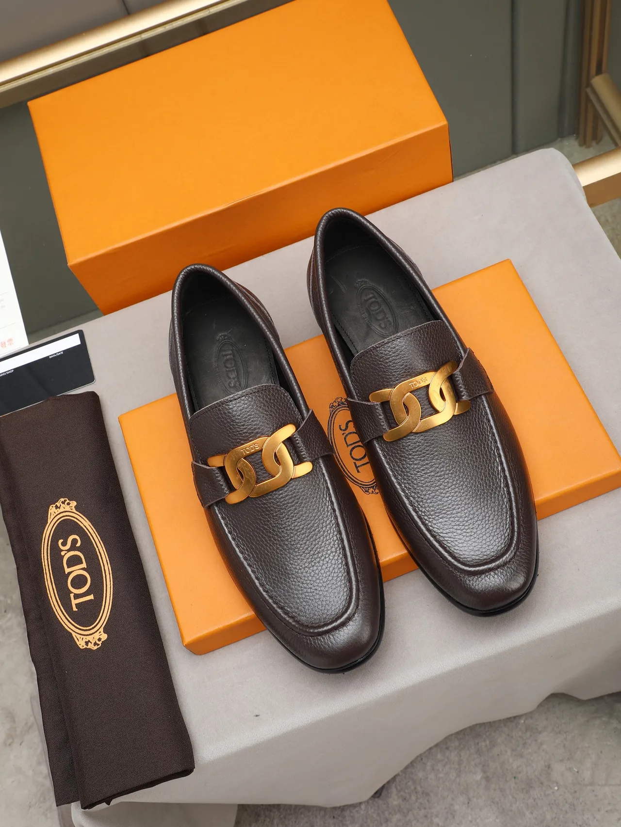 Brown Gold Pebbled Leather Buckle Strap Loafer 2