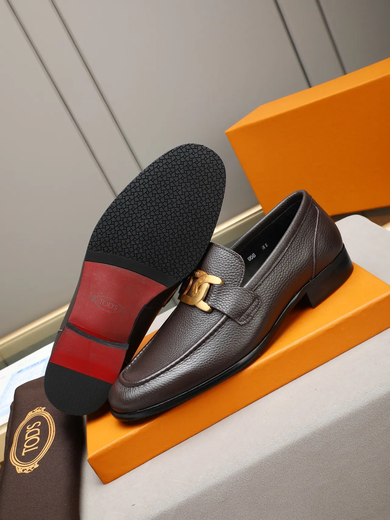 Brown Gold Pebbled Leather Buckle Strap Loafer 4