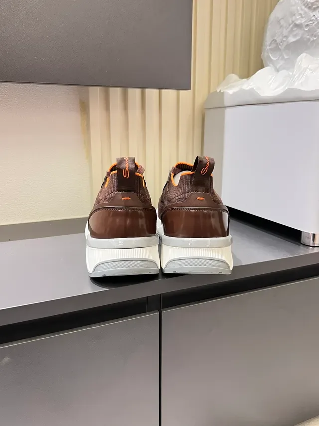 Brown Orange Knit Upper Glossy Synthetic Overlays Sneakers 2