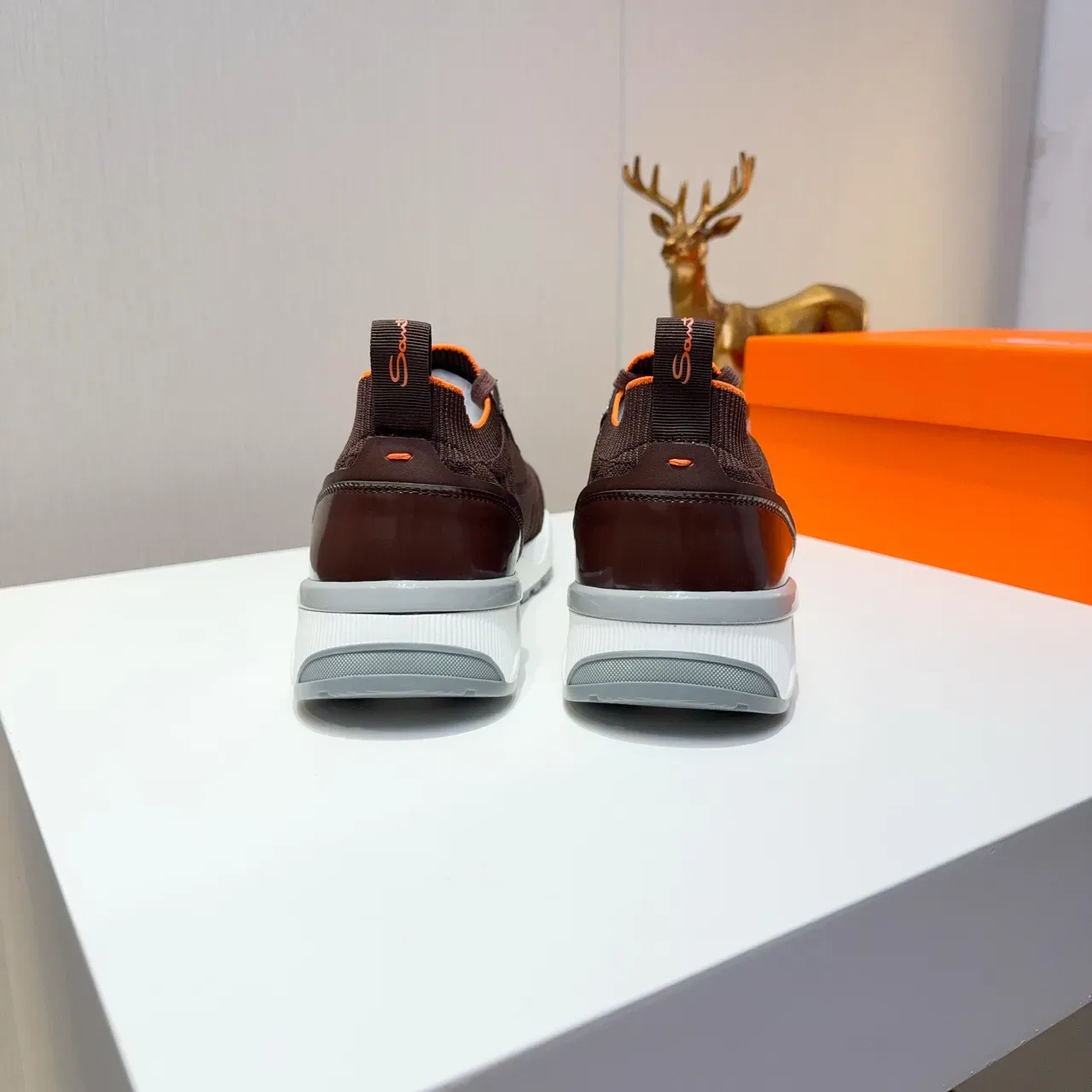 Brown Orange Knit Upper Sock-Fit Collar Sneakers 2