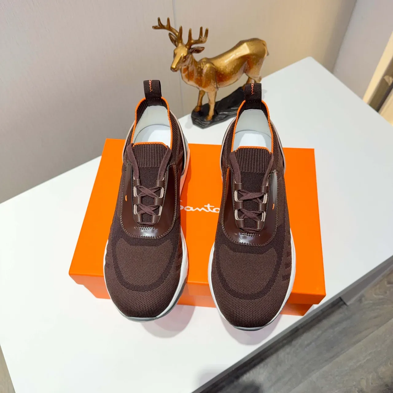 Brown Orange Knit Upper Sock-Fit Collar Sneakers 4