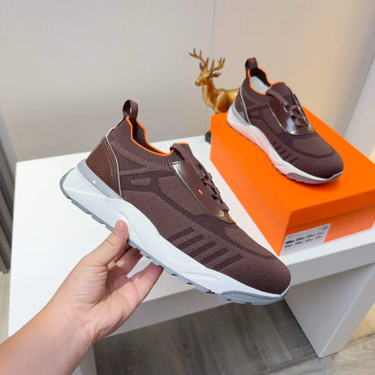Brown Orange Knit Upper Sock-Fit Collar Sneakers 5