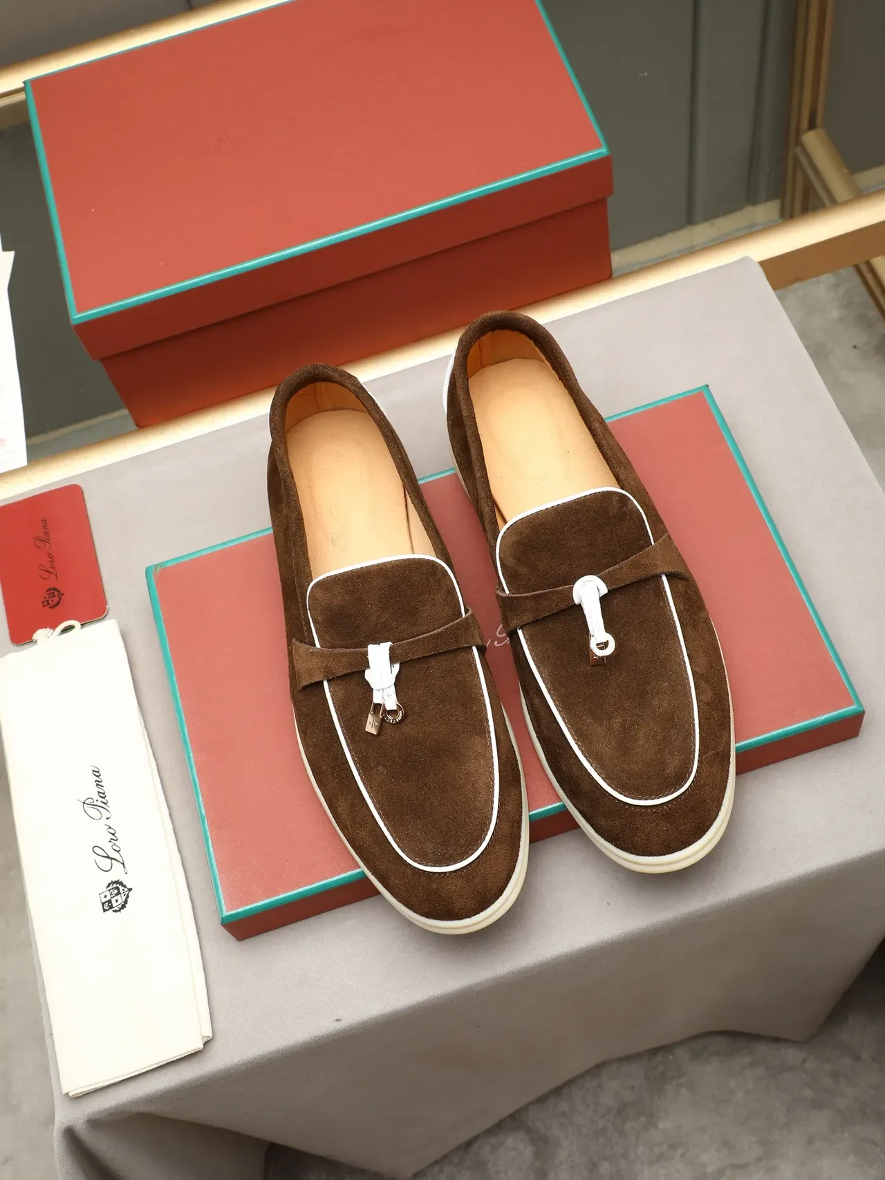 Brown White Suede Piping Loafer 3