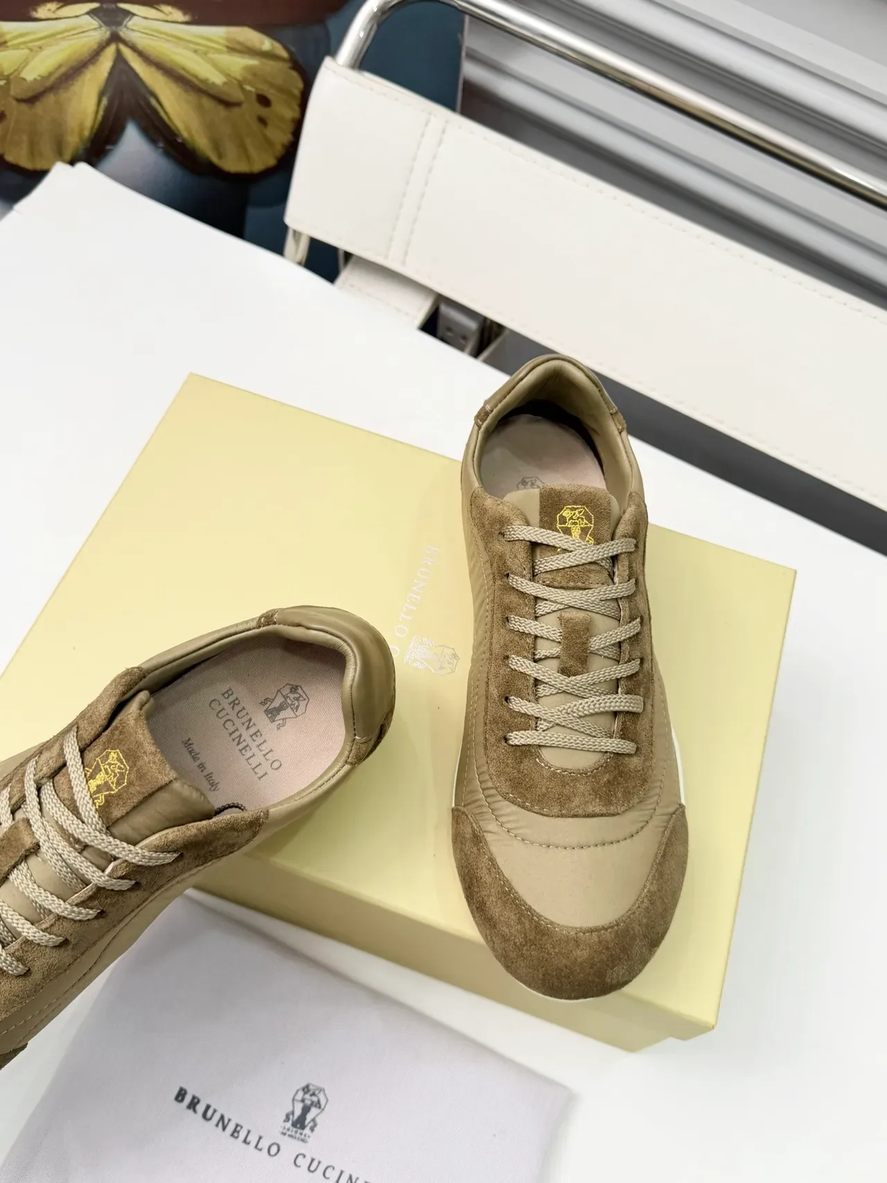 Brunello Cucinelli Beige and Brown Suede-Textile Panelled Lifestyle Sneakers 3