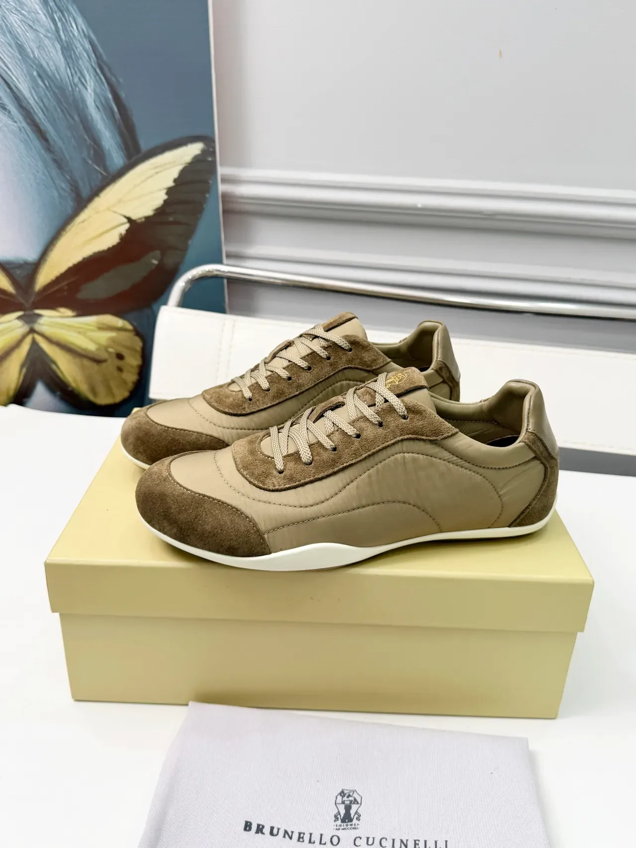 Brunello Cucinelli Beige and Brown Suede-Textile Panelled Lifestyle Sneakers 5