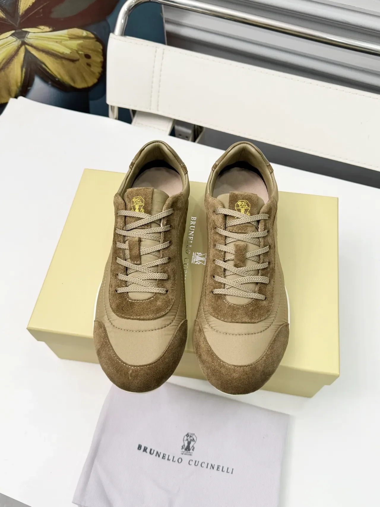 Brunello Cucinelli Beige and Brown Suede-Textile Panelled Lifestyle Sneakers 6