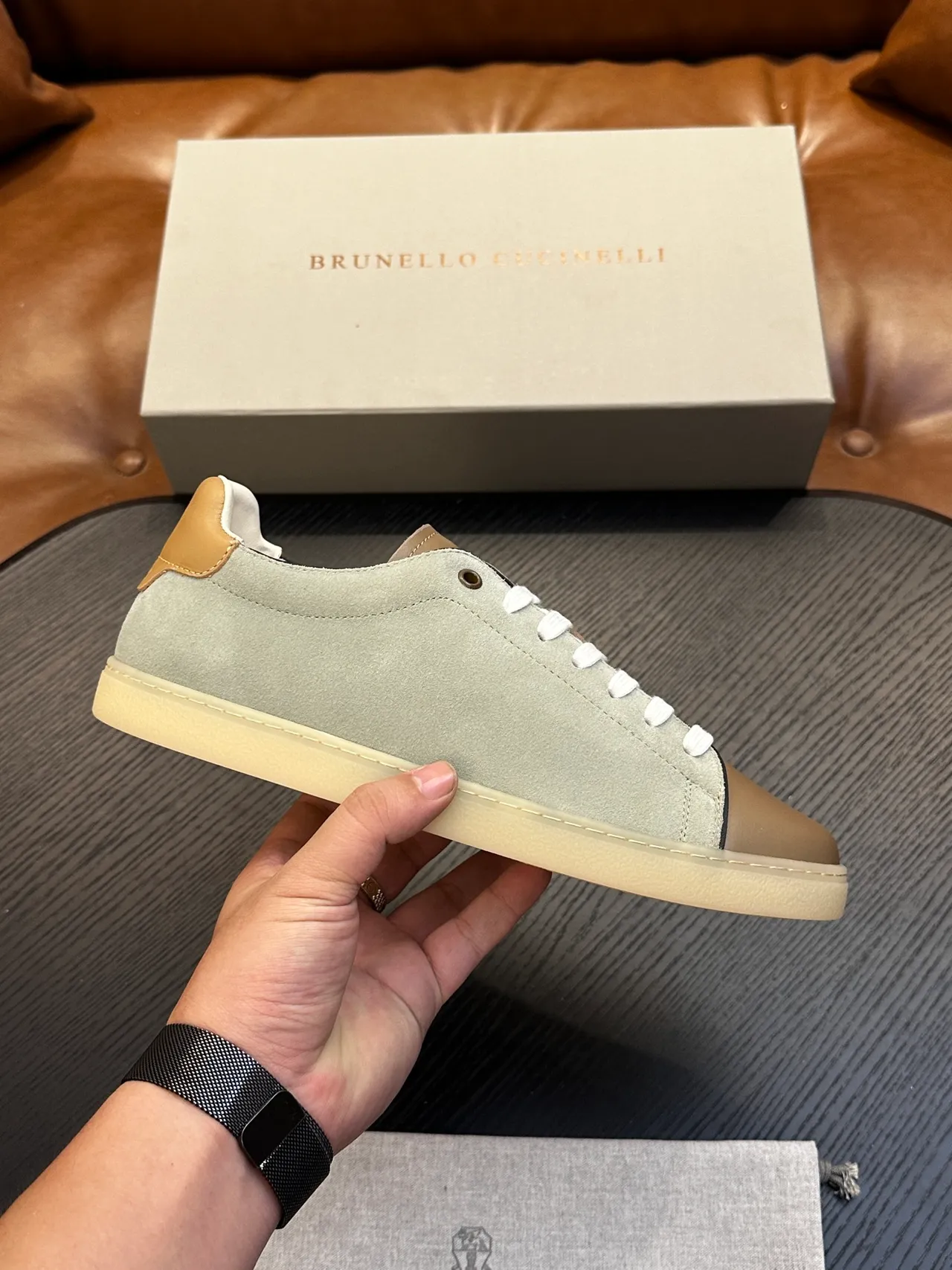 Brunello Cucinelli Sage Green Suede and Tan Leather Lace-Up Casual Shoe 2