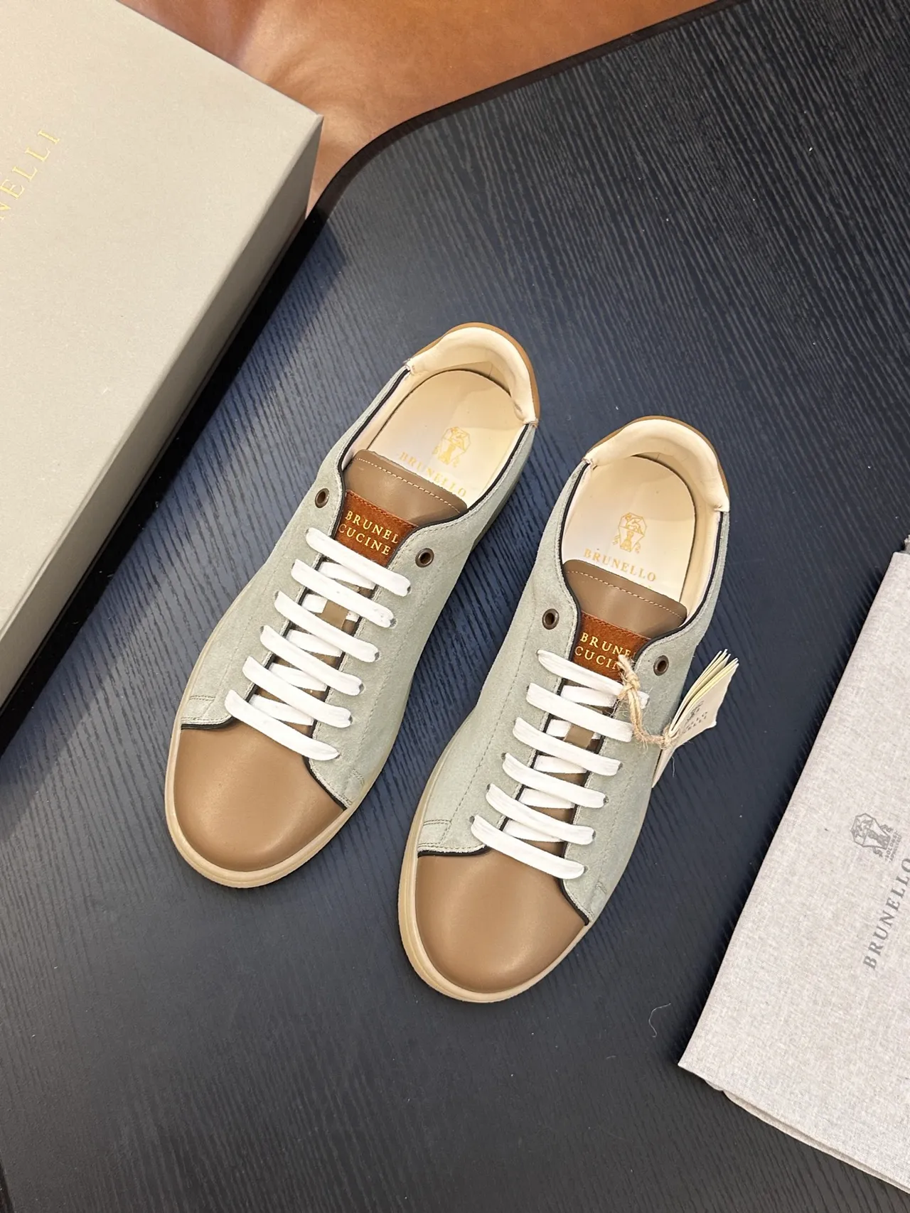 Brunello Cucinelli Sage Green Suede and Tan Leather Lace-Up Casual Shoe 3