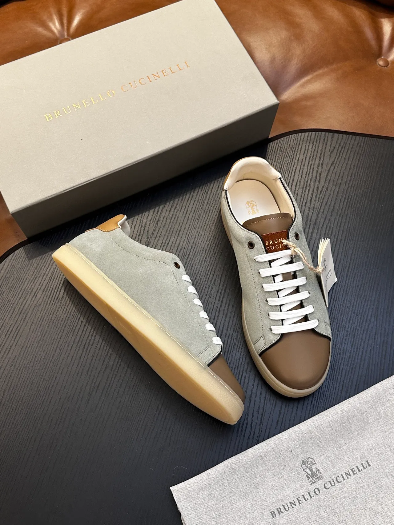 Brunello Cucinelli Sage Green Suede and Tan Leather Lace-Up Casual Shoe 4