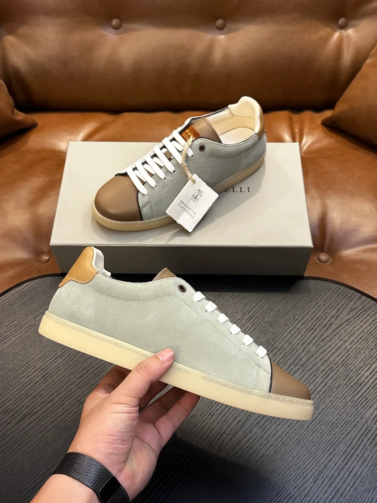 Brunello Cucinelli Sage Green Suede and Tan Leather Lace-Up Casual Shoe 5