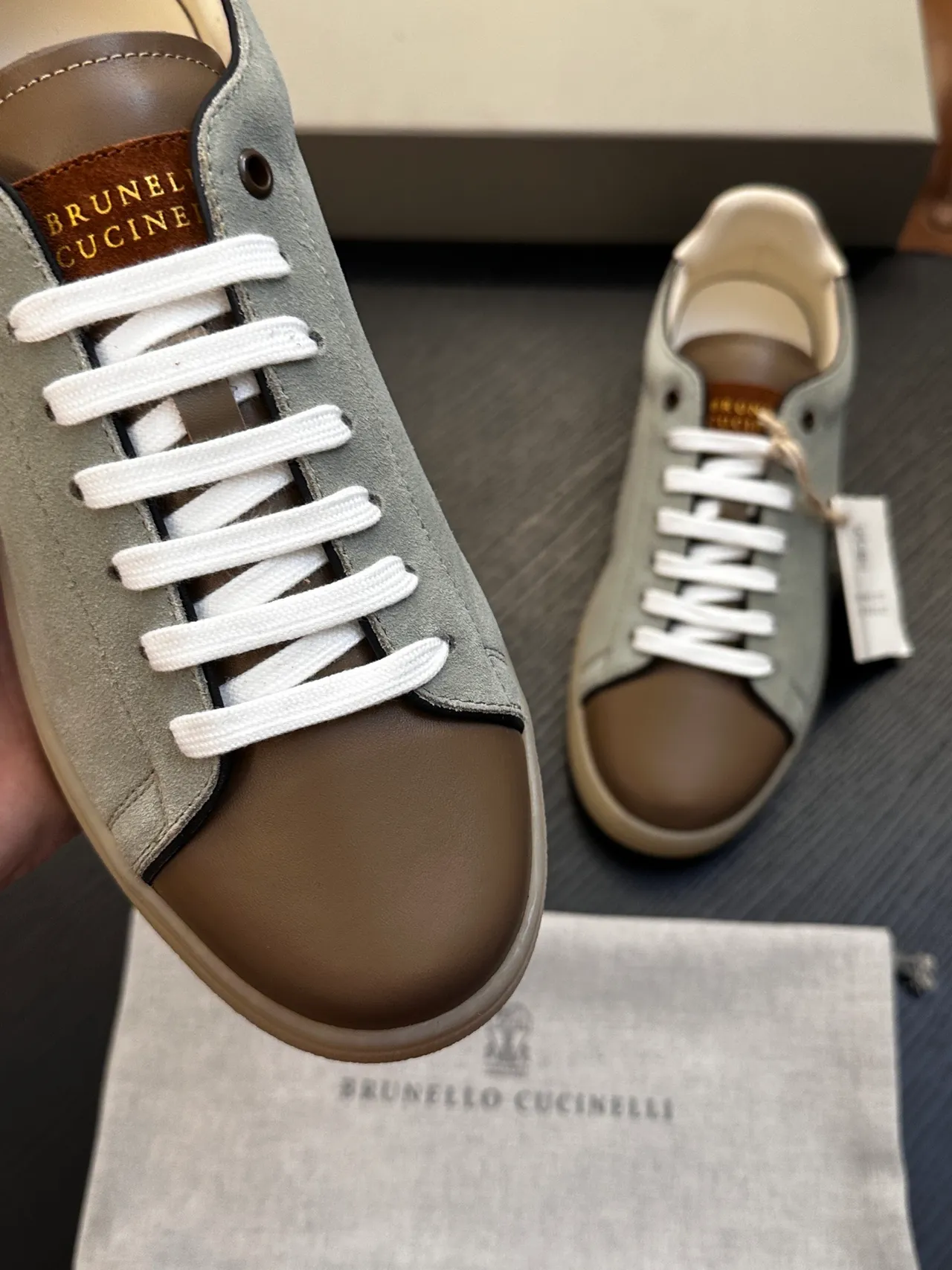 Brunello Cucinelli Sage Green Suede and Tan Leather Lace-Up Casual Shoe 6