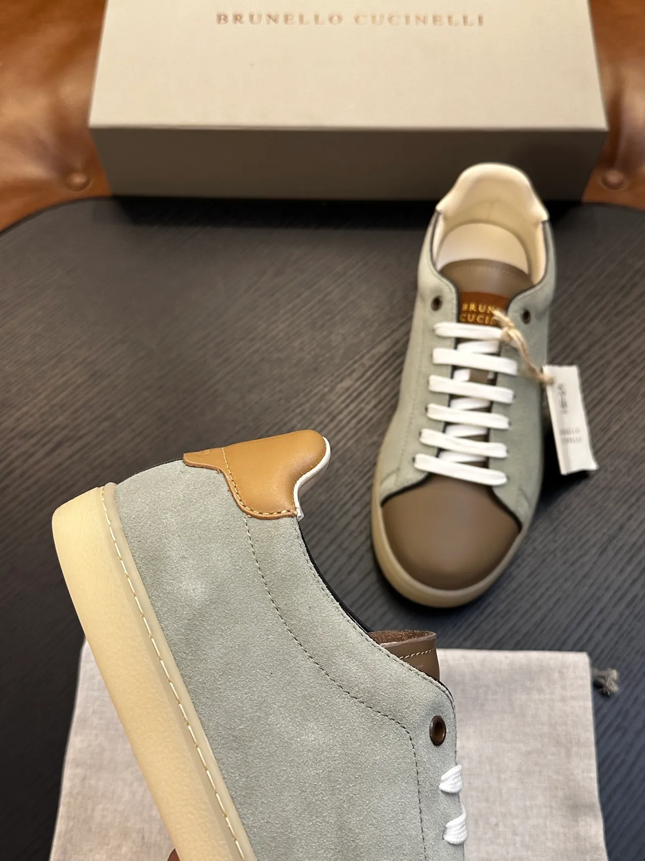 Brunello Cucinelli Sage Green Suede and Tan Leather Lace-Up Casual Shoe 7