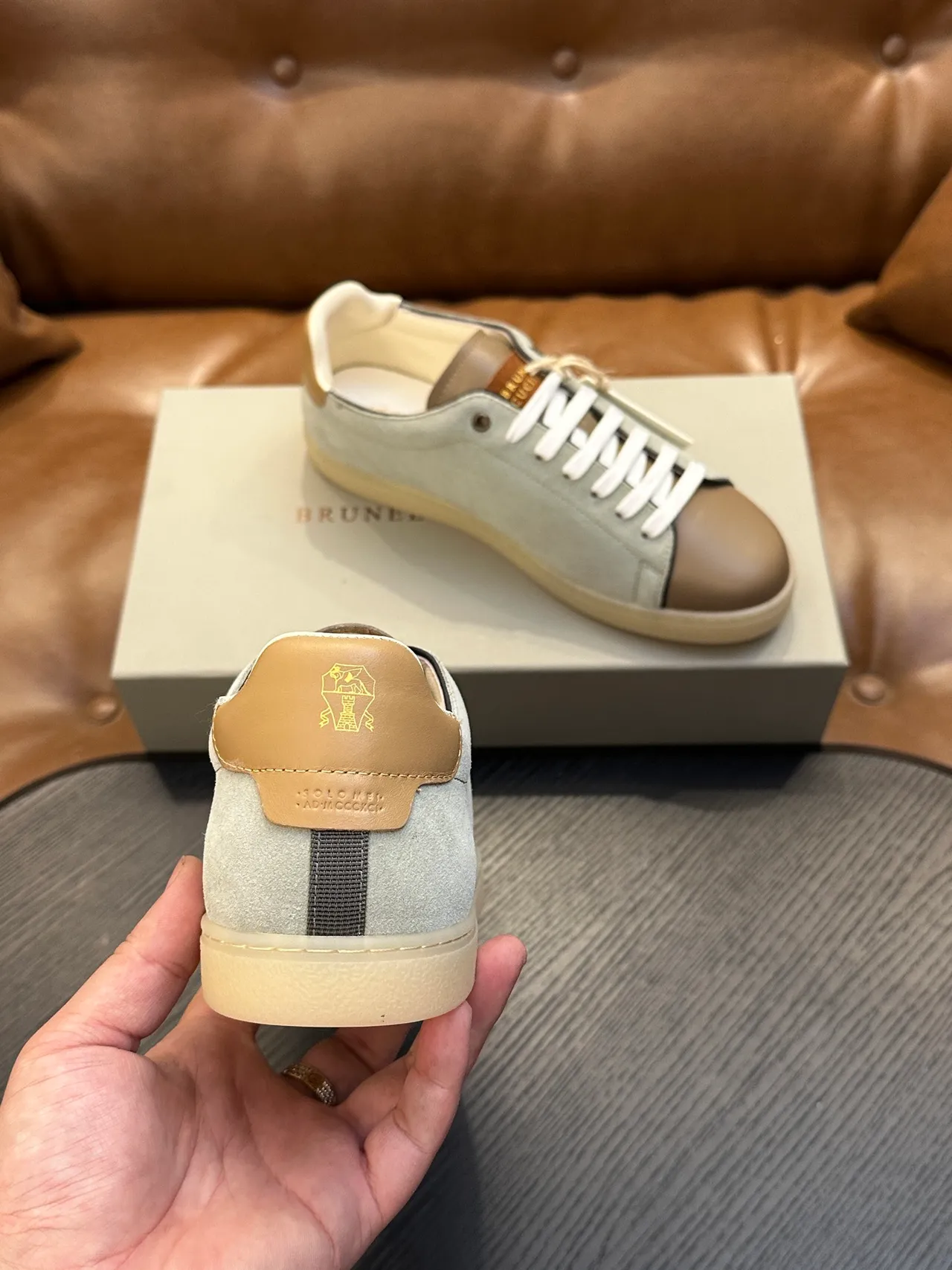 Brunello Cucinelli Sage Green Suede and Tan Leather Lace-Up Casual Shoe 8