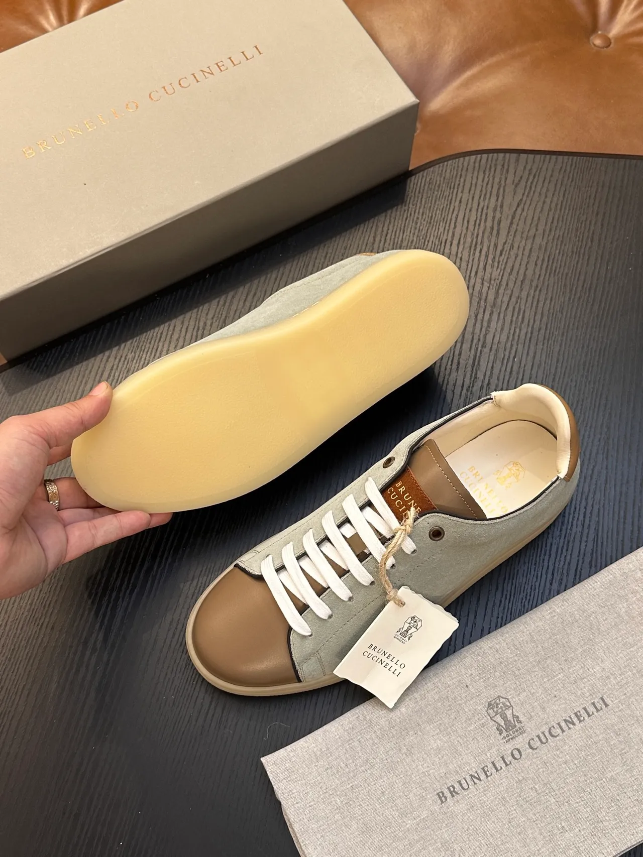Brunello Cucinelli Sage Green Suede and Tan Leather Lace-Up Casual Shoe 9