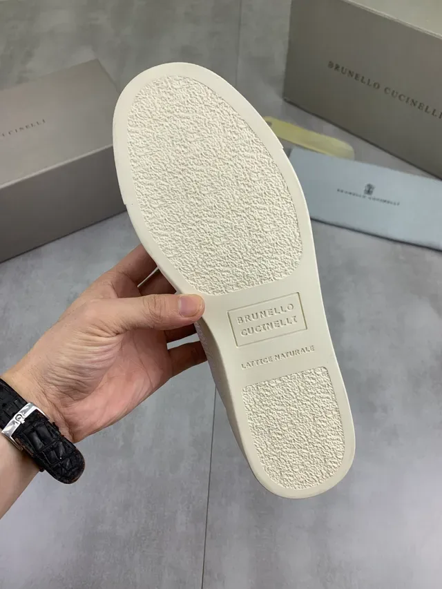 Brunello Cucinelli White and Taupe Pebbled Leather Suede Sneaker 2