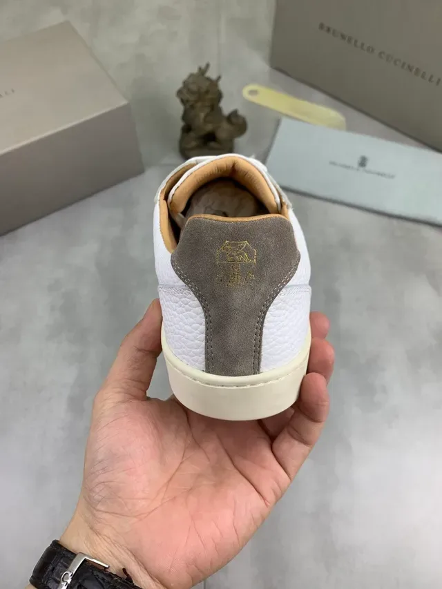 Brunello Cucinelli White and Taupe Pebbled Leather Suede Sneaker 3