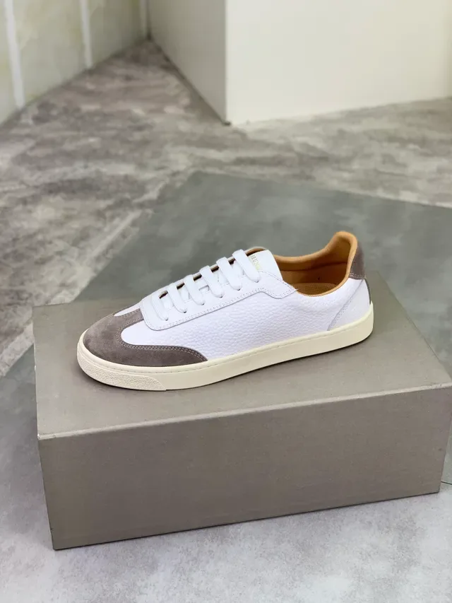 Brunello Cucinelli White and Taupe Pebbled Leather Suede Sneaker 4