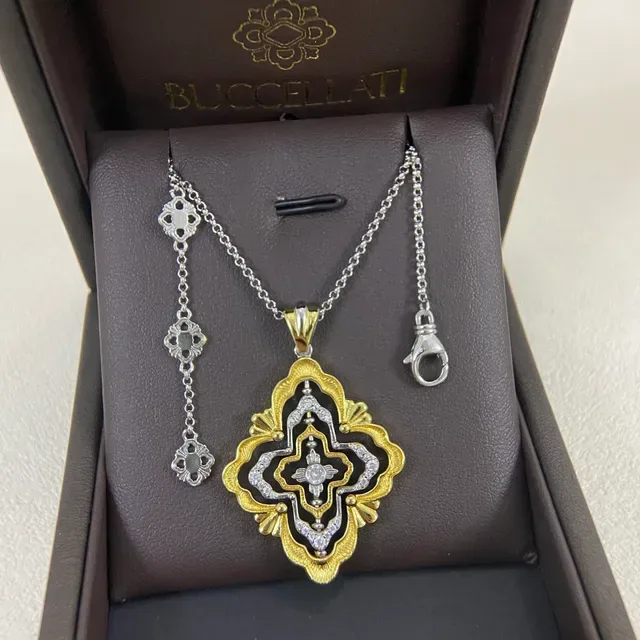 Buccellati Floral Quatrefoil Enamel and Pavé Pendant Necklaces 2
