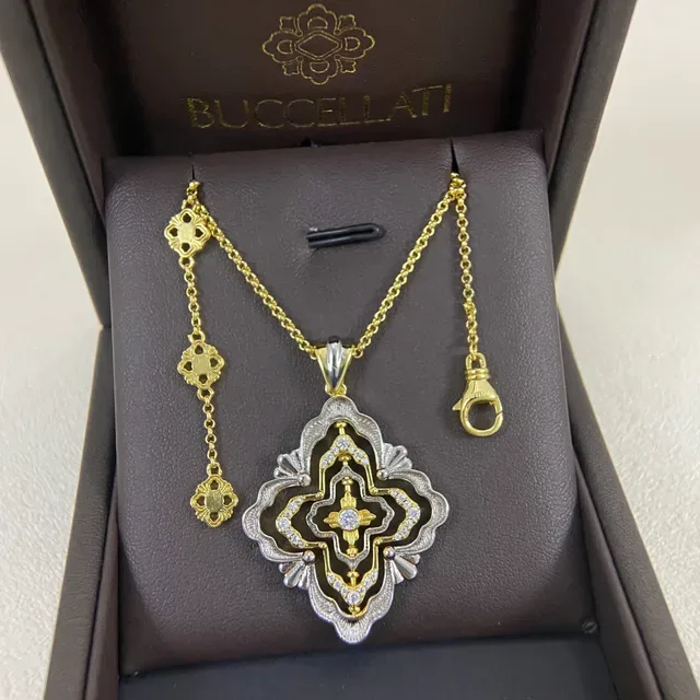 Buccellati Floral Quatrefoil Enamel and Pavé Pendant Necklaces 3