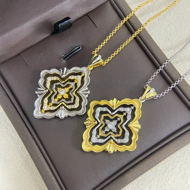 Buccellati Floral Quatrefoil Enamel and Pavé Pendant Necklaces 6