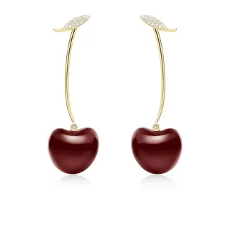 Burgundy Gold Cherry-Shaped Pendant Stem Earrings