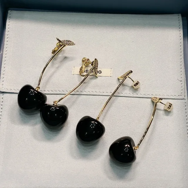 Burgundy Gold Cherry-Shaped Pendant Stem Earrings 2