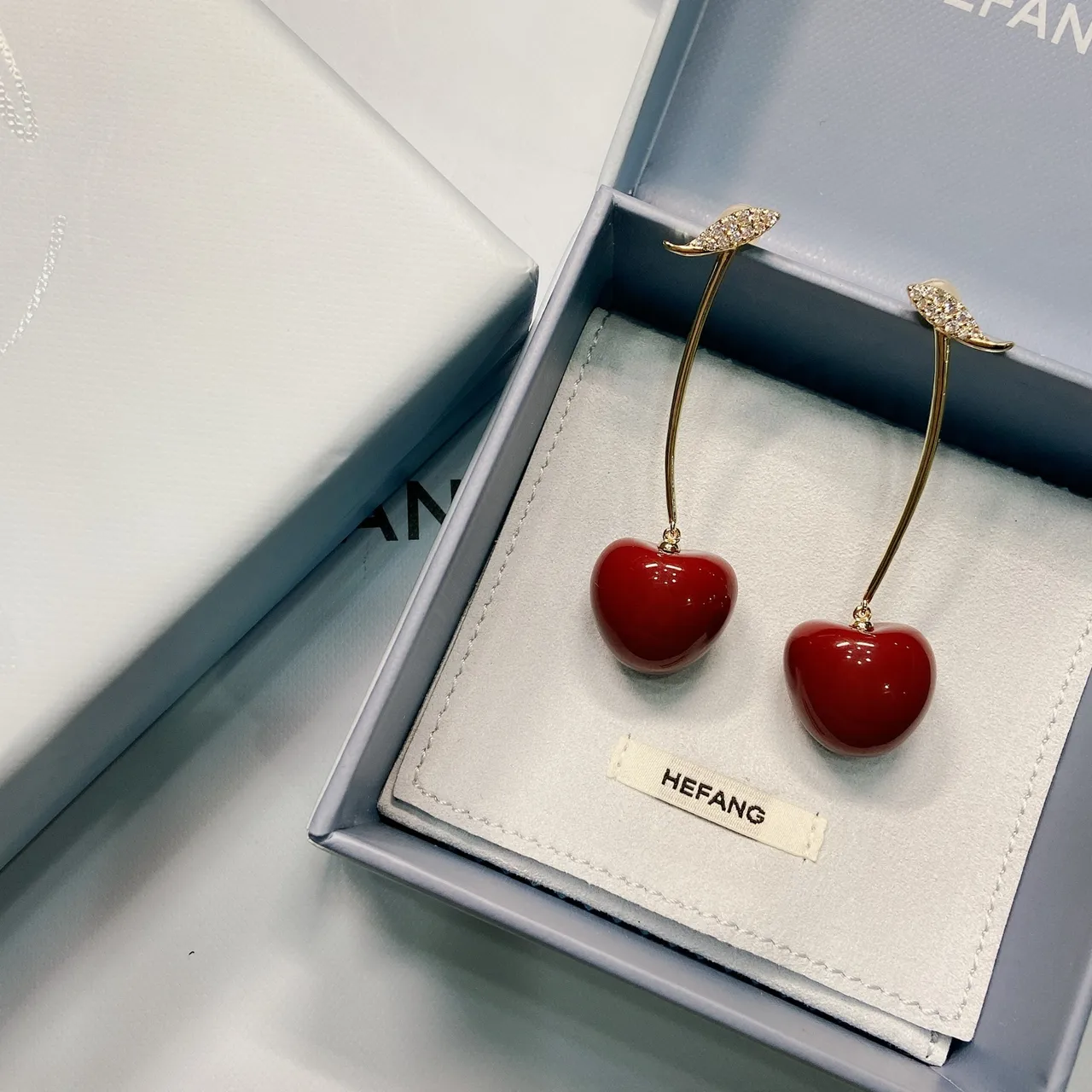 Burgundy Gold Cherry-Shaped Pendant Stem Earrings 3