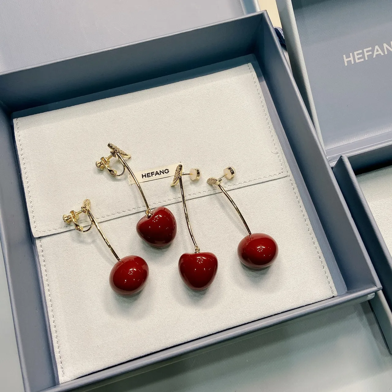 Burgundy Gold Cherry-Shaped Pendant Stem Earrings 4