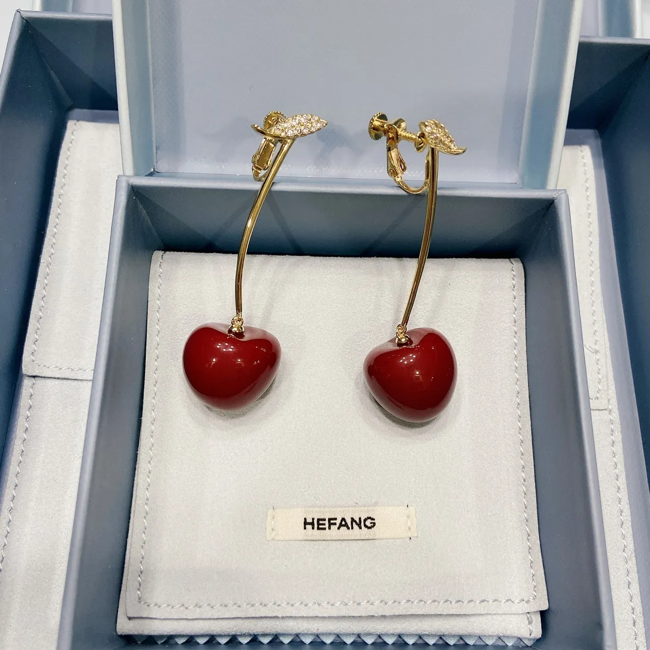 Burgundy Gold Cherry-Shaped Pendant Stem Earrings 5