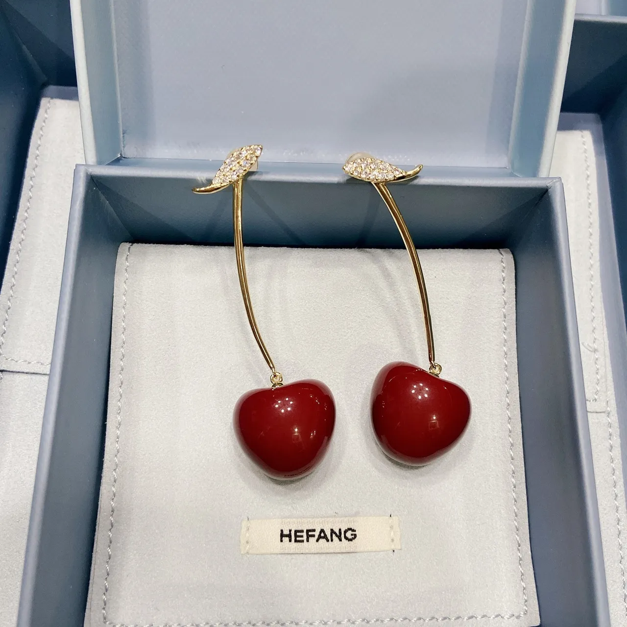 Burgundy Gold Cherry-Shaped Pendant Stem Earrings 6