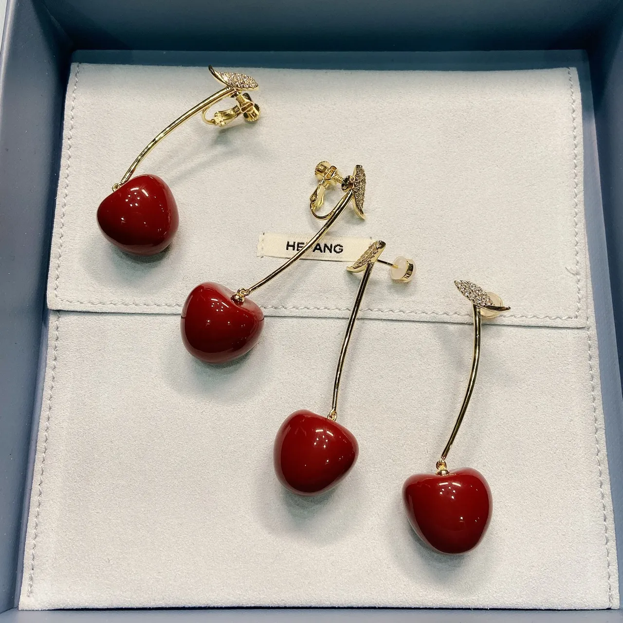 Burgundy Gold Cherry-Shaped Pendant Stem Earrings 7