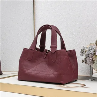 Burgundy Quilted Diamond-Stitched Leather Top-Handle Silhouette Tote Bag 16