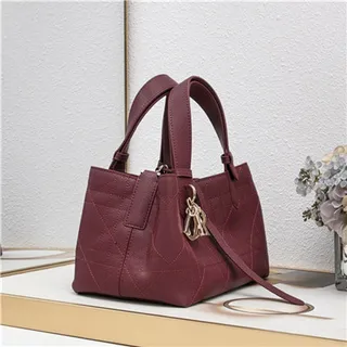 Burgundy Quilted Diamond-Stitched Leather Top-Handle Silhouette Tote Bag 17