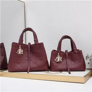 Burgundy Quilted Diamond-Stitched Leather Top-Handle Silhouette Tote Bag 20