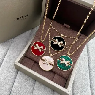 CHAUMET Liens 多彩金 圆形圆盘吊坠 镶钻石 X 图案 项链