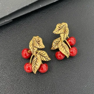 Cherry and Gold Leaf Motif Earrings